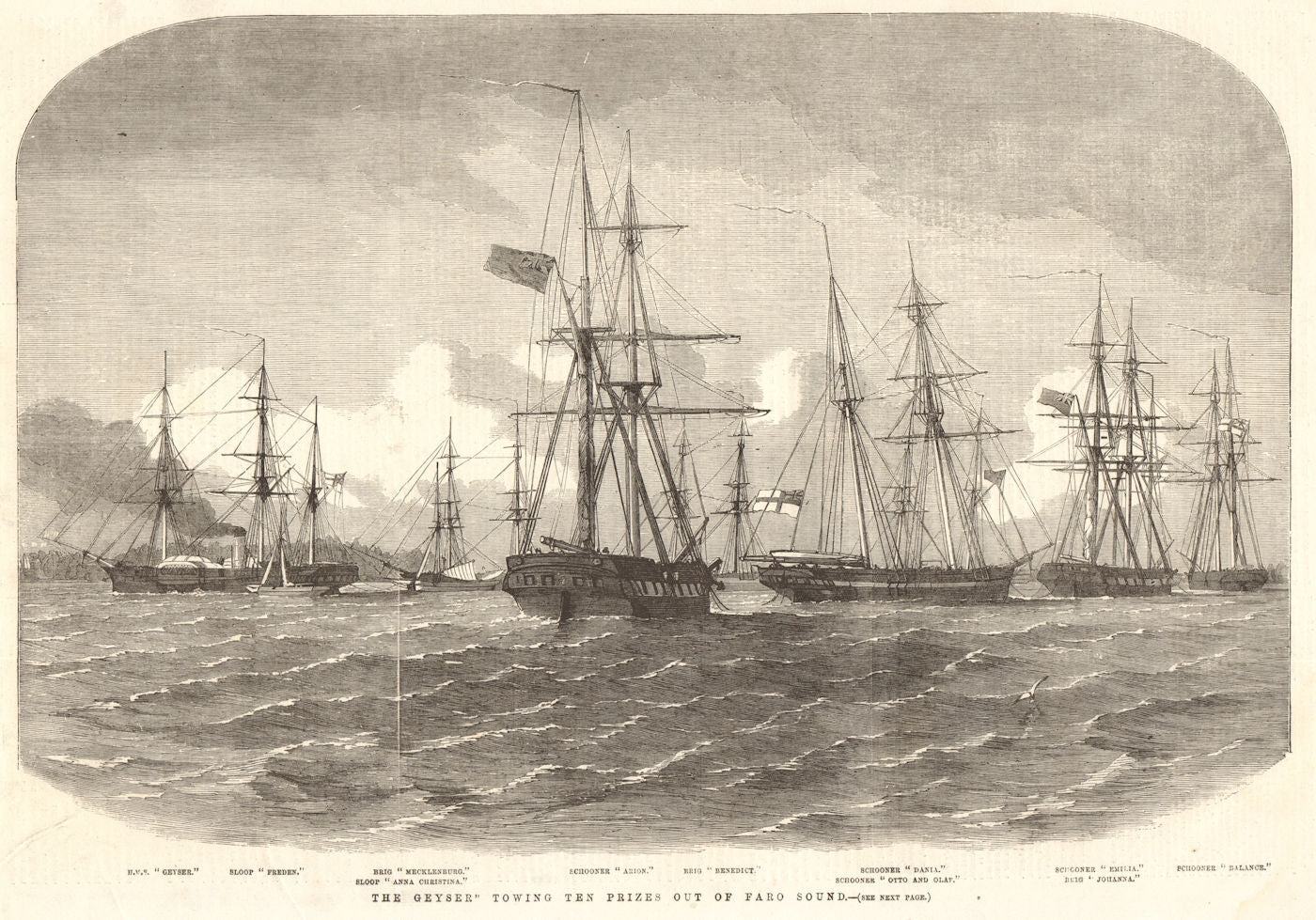 The Geyser towing ten prizes out of Farosund. Sweden. Ships 1855 old print